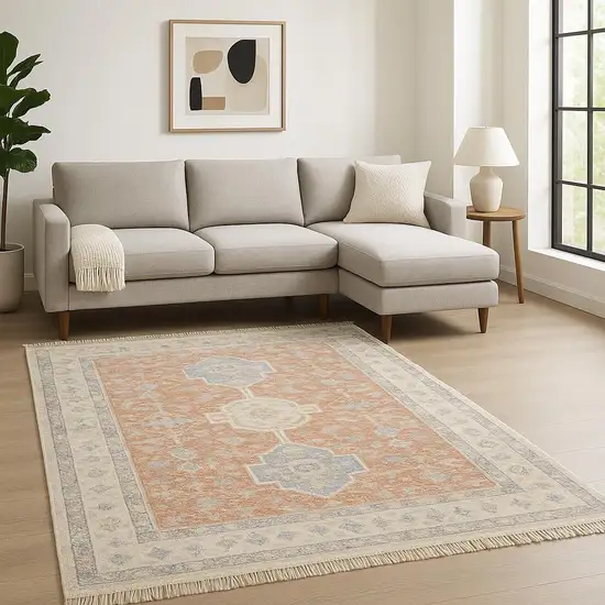 Orange And Blue Oriental Hand Loomed Stain Resistant Area Rug With Fringe Photo 1