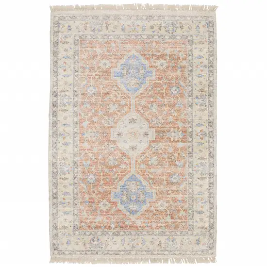 Orange And Blue Oriental Hand Loomed Stain Resistant Area Rug With Fringe Photo 1