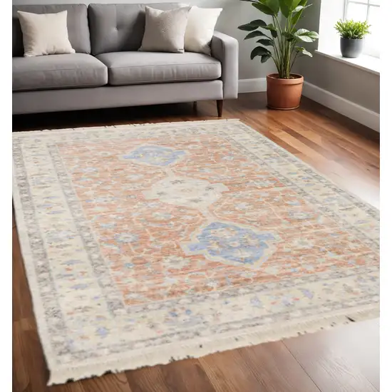 Orange And Blue Oriental Hand Loomed Stain Resistant Area Rug With Fringe Photo 1