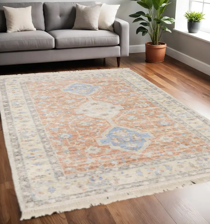 Orange And Blue Oriental Hand Loomed Stain Resistant Area Rug With Fringe Photo 1