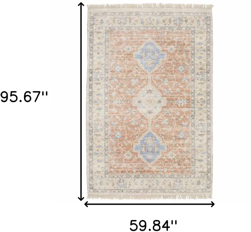 Orange And Blue Oriental Hand Loomed Stain Resistant Area Rug With Fringe Photo 10