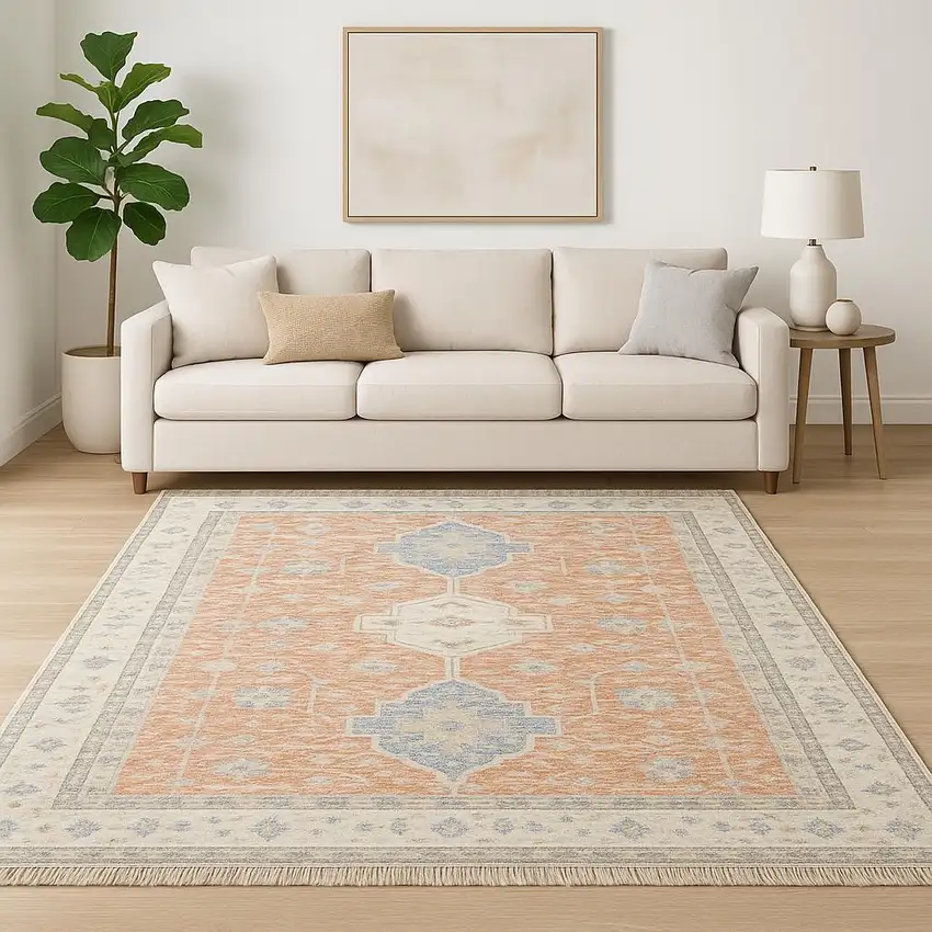 Blue and Orange Oriental Hand Loomed Area Rug With Fringe Photo 1