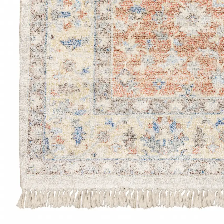 Orange And Blue Oriental Hand Loomed Stain Resistant Area Rug With Fringe Photo 2