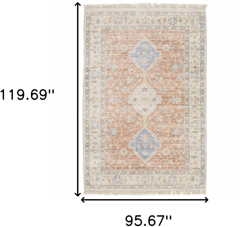 Orange And Blue Oriental Hand Loomed Stain Resistant Area Rug With Fringe Photo 10