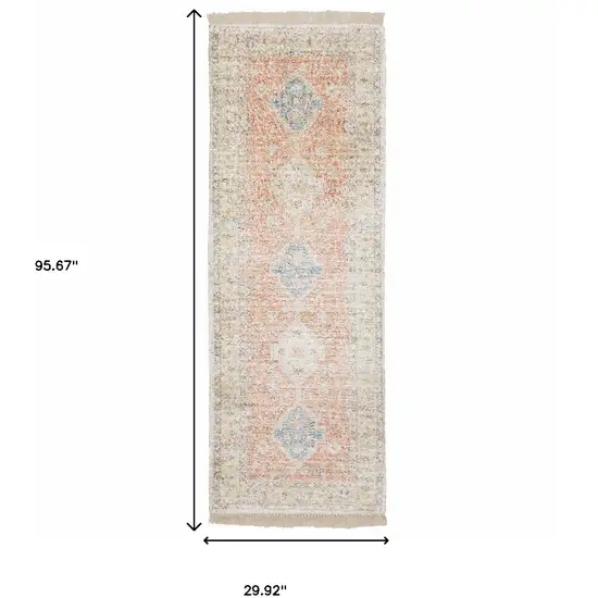 8' Orange And Blue Oriental Hand Loomed Distressed Runner Rug With Fringe Photo 3