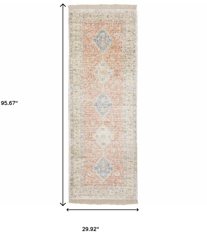 8' Orange And Blue Oriental Hand Loomed Distressed Runner Rug With Fringe Photo 3