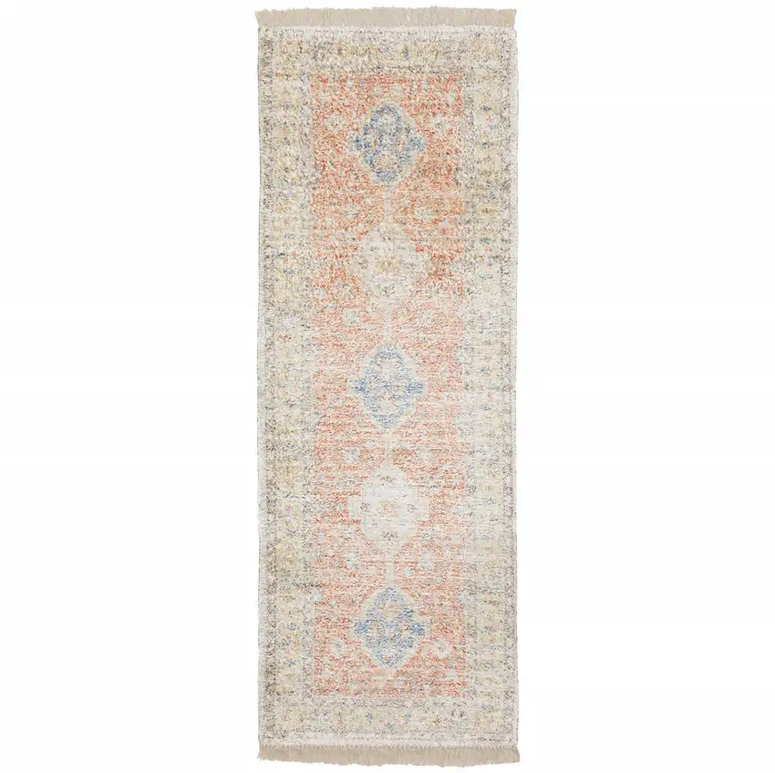 8' Orange And Blue Oriental Hand Loomed Distressed Runner Rug With Fringe Photo 2