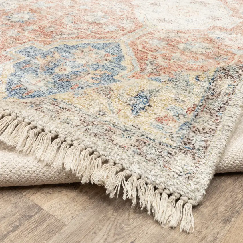 Orange And Blue Oriental Hand Loomed Stain Resistant Runner Rug With Fringe Photo 7