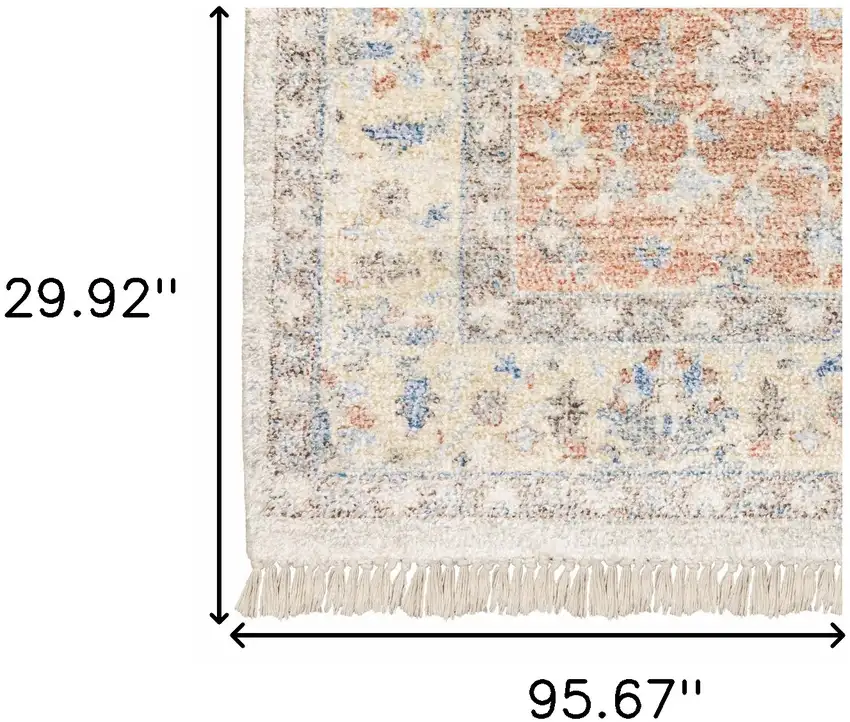 Orange And Blue Oriental Hand Loomed Stain Resistant Runner Rug With Fringe Photo 10