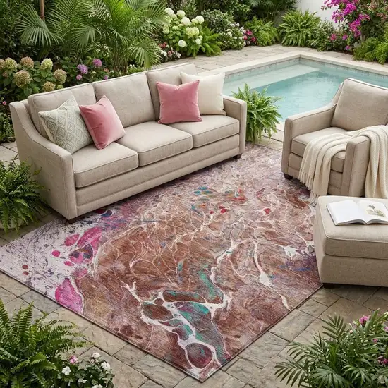 Orange And Blush Abstract Washable Indoor Outdoor Area Rug Photo 1