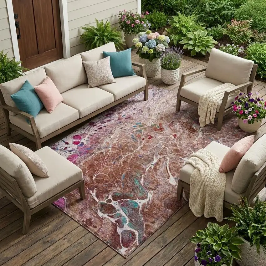 Orange And Blush Abstract Washable Indoor Outdoor Area Rug Photo 1