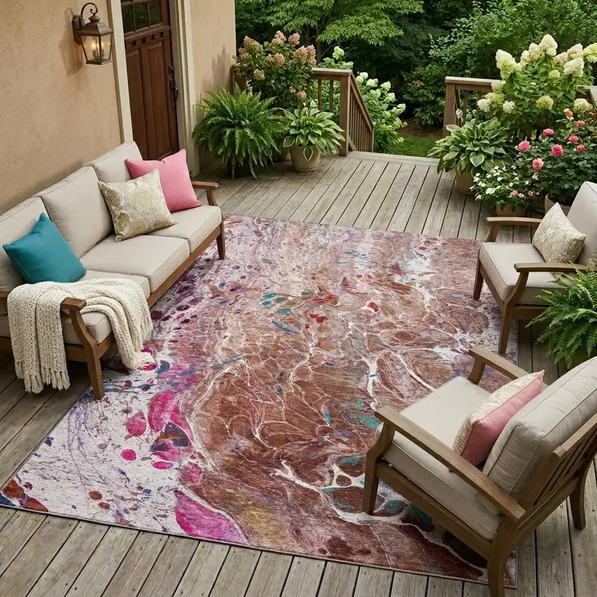 Orange And Blush Abstract Washable Indoor Outdoor Area Rug Photo 1