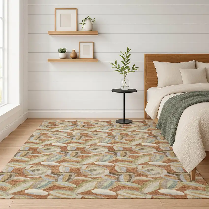 Orange And Brown Abstract Washable Indoor Outdoor Area Rug Photo 6