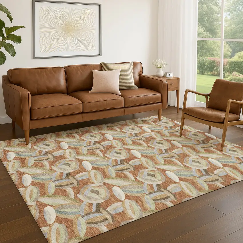 Orange And Brown Abstract Washable Indoor Outdoor Area Rug Photo 5