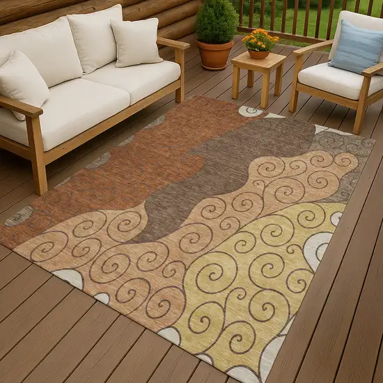 Orange And Brown Abstract Washable Indoor Outdoor Area Rug Photo 4