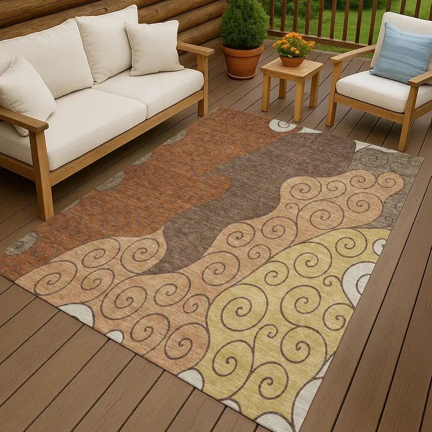 Orange And Brown Abstract Washable Indoor Outdoor Area Rug Photo 4