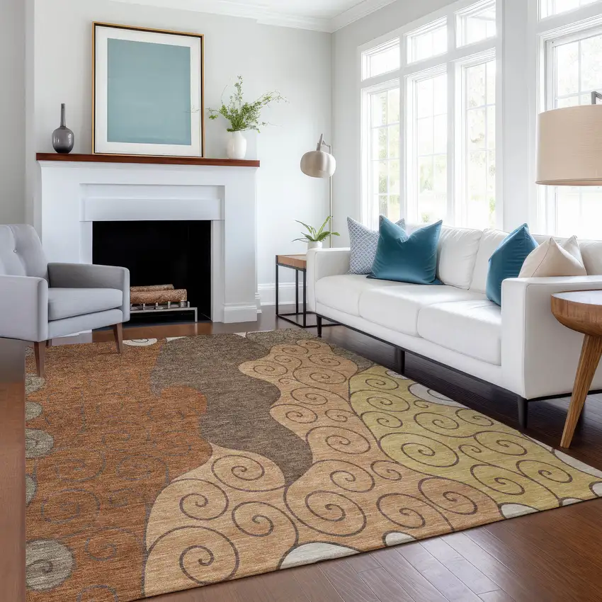 Orange And Brown Abstract Washable Indoor Outdoor Area Rug Photo 6