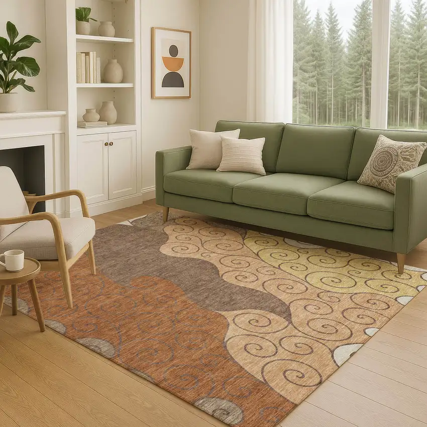 Orange And Brown Abstract Washable Indoor Outdoor Area Rug Photo 5