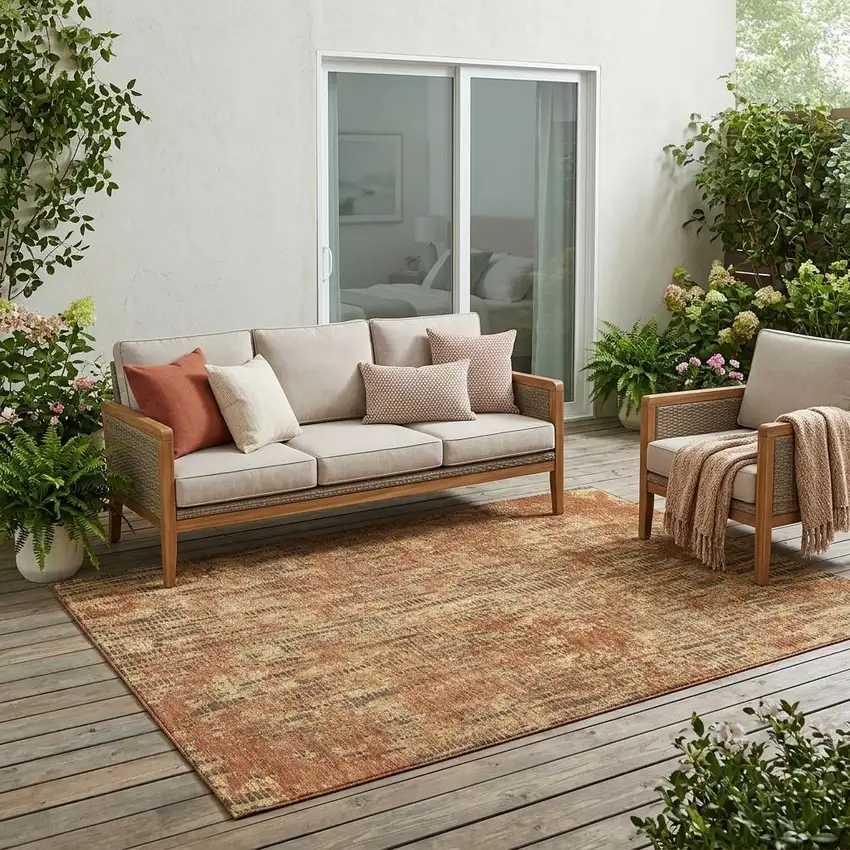 Orange And Brown Abstract Washable Indoor Outdoor Area Rug Photo 1
