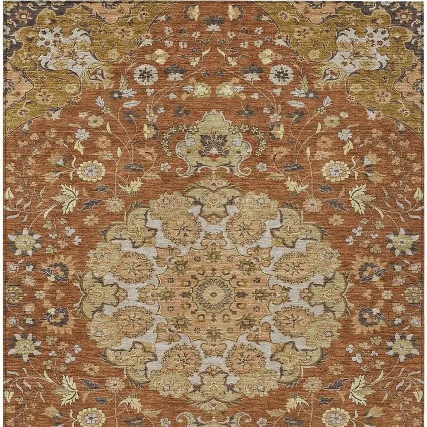 Orange And Brown Damask Washable Indoor Outdoor Area Rug Photo 3
