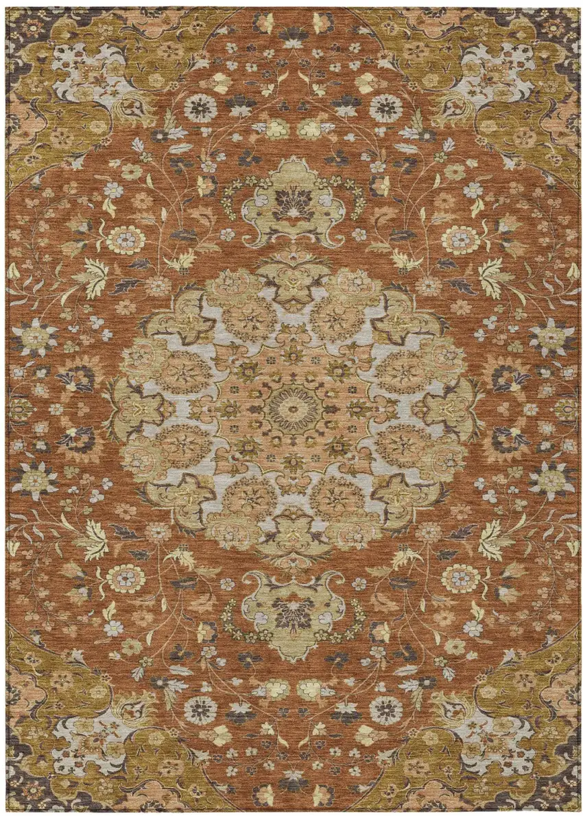 Orange And Brown Damask Washable Indoor Outdoor Area Rug Photo 1