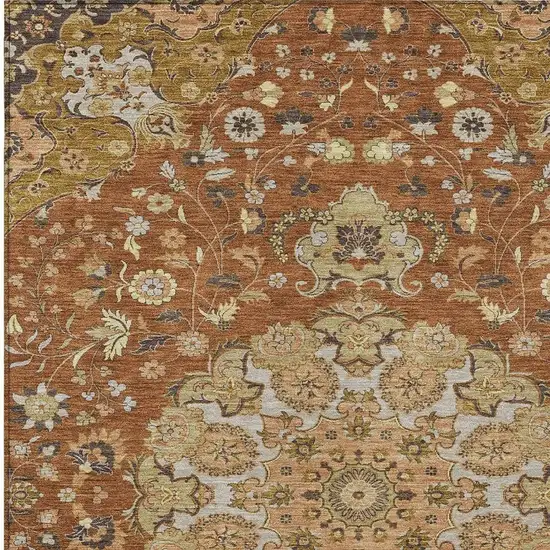 Orange And Brown Damask Washable Indoor Outdoor Area Rug Photo 2