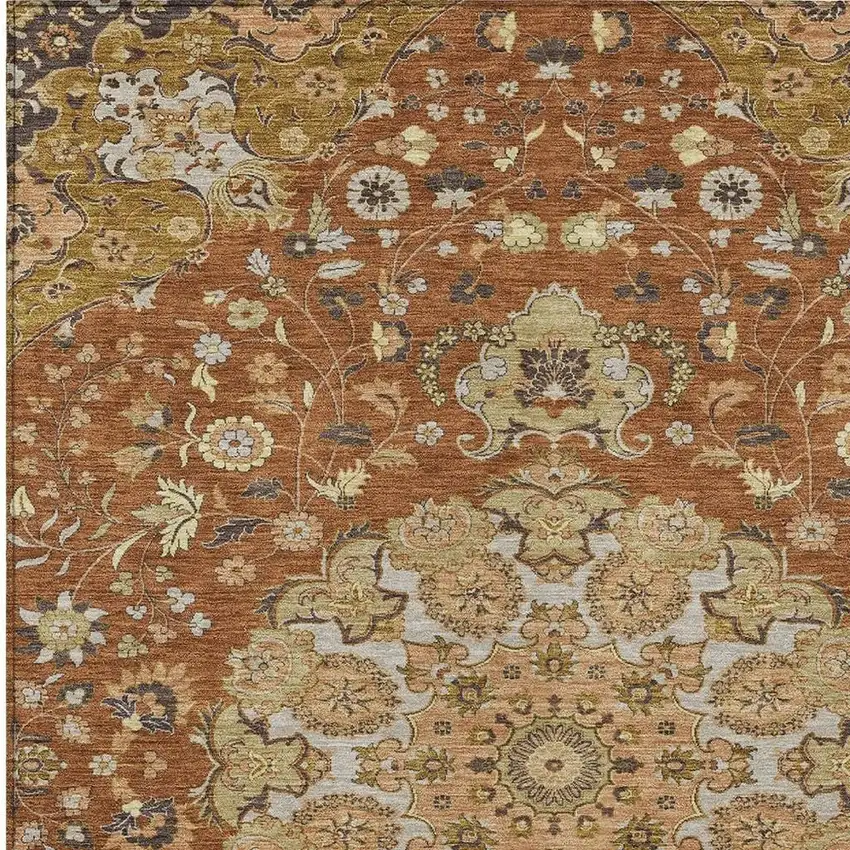 Orange And Brown Damask Washable Indoor Outdoor Area Rug Photo 2