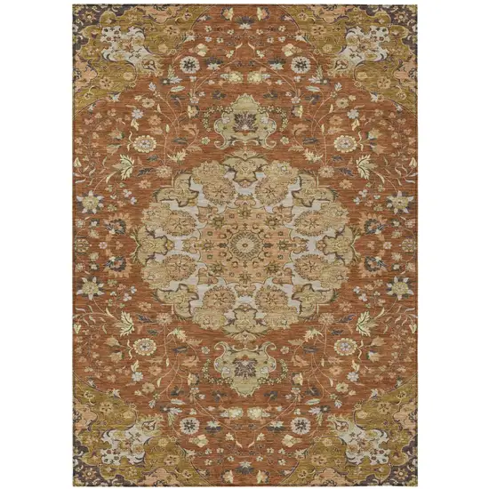 Orange And Brown Damask Washable Indoor Outdoor Area Rug Photo 1