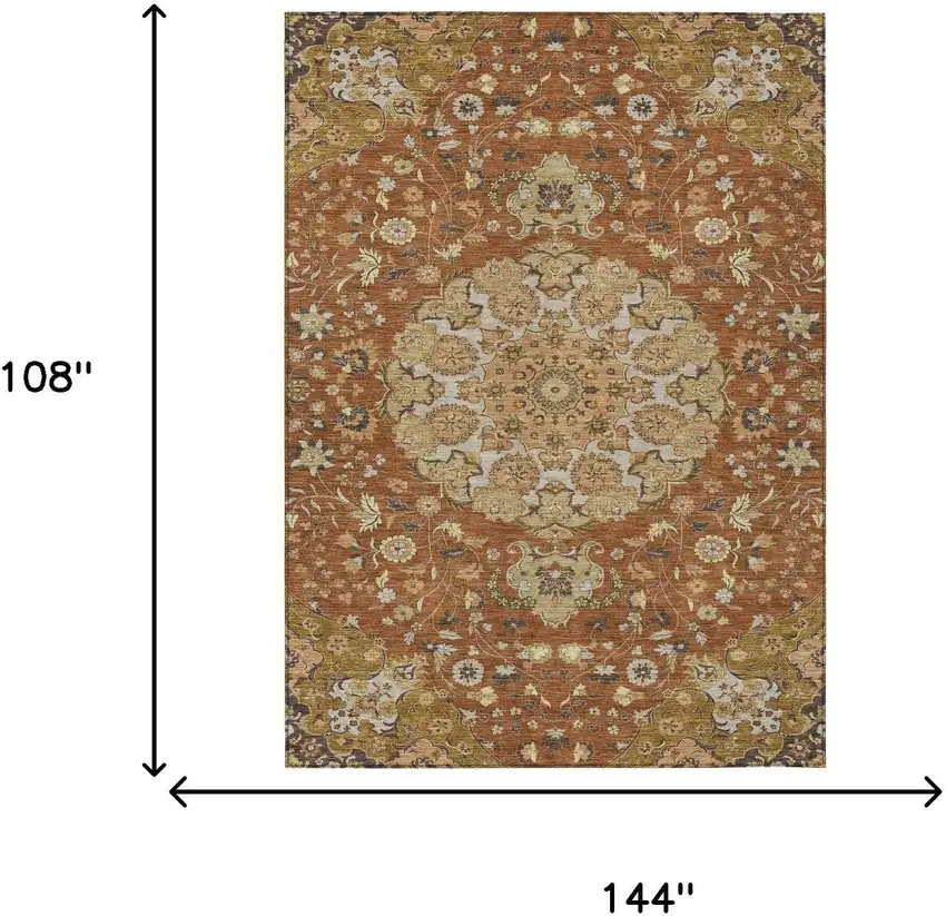 Orange And Brown Damask Washable Indoor Outdoor Area Rug Photo 6