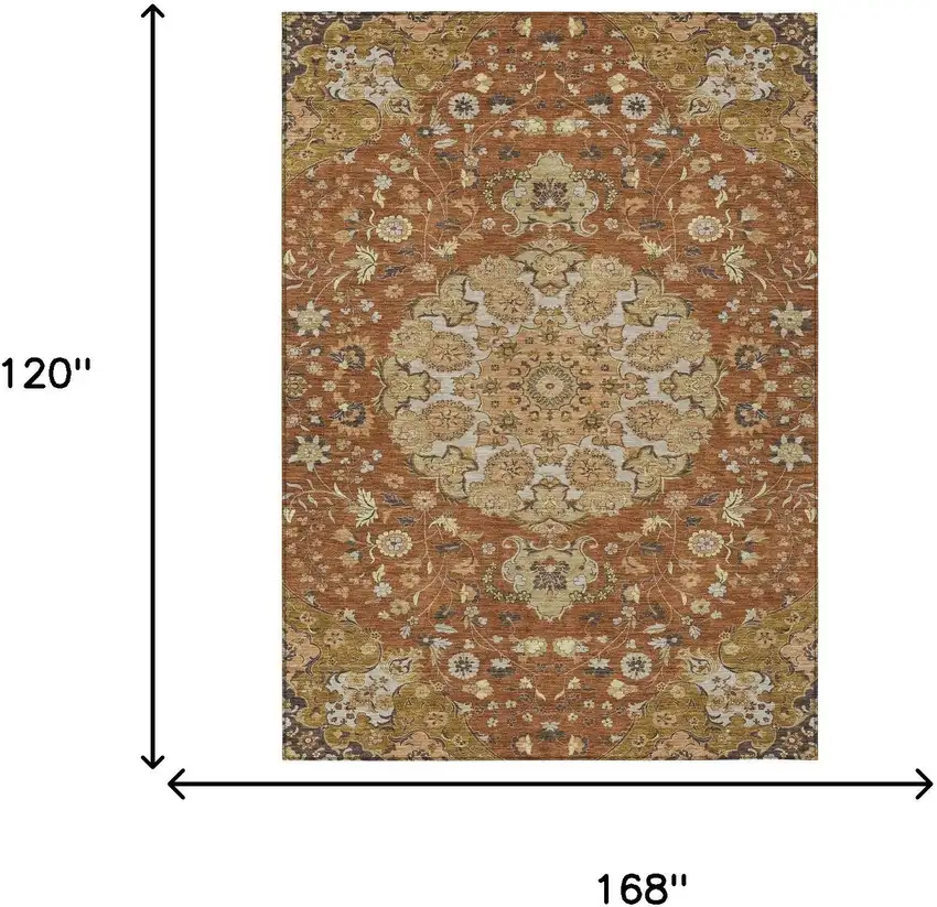 Orange And Brown Damask Washable Indoor Outdoor Area Rug Photo 6