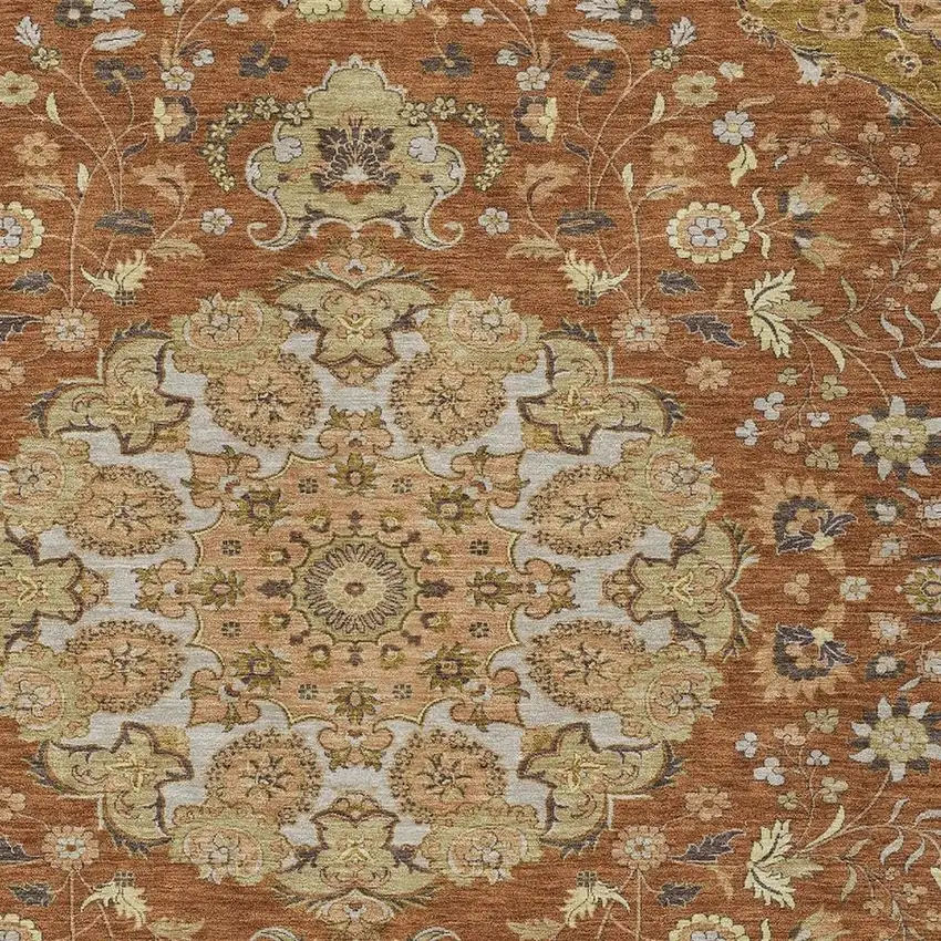 Orange And Brown Damask Washable Indoor Outdoor Area Rug Photo 2