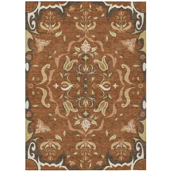 Orange And Brown Damask Washable Indoor Outdoor Area Rug Photo 1