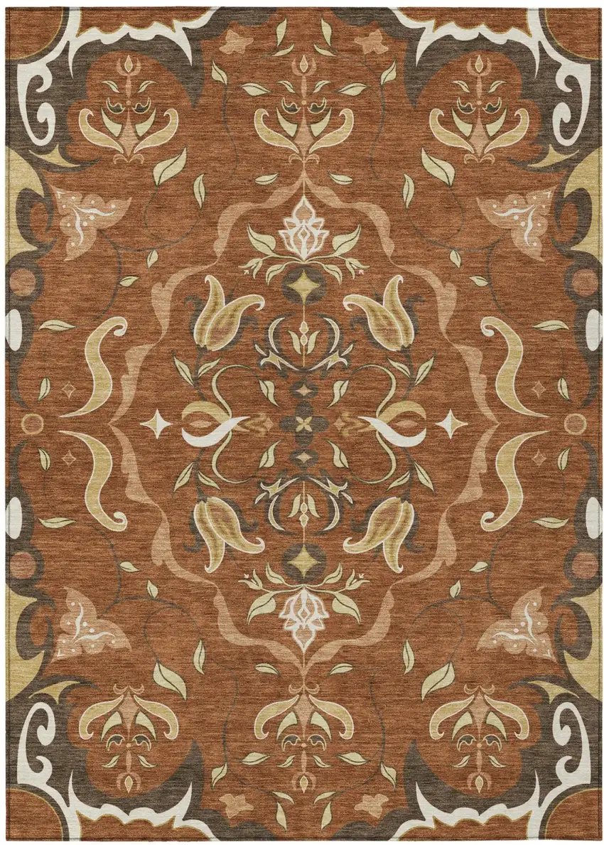 Orange And Brown Damask Washable Indoor Outdoor Area Rug Photo 1