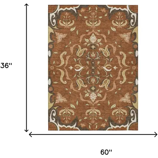 Orange And Brown Damask Washable Indoor Outdoor Area Rug Photo 6