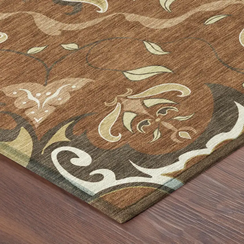 Orange And Brown Damask Washable Indoor Outdoor Area Rug Photo 4