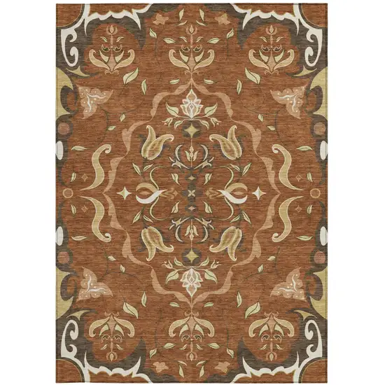 Orange And Brown Damask Washable Indoor Outdoor Area Rug Photo 3