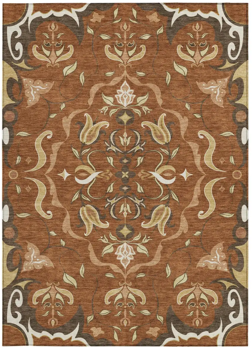 Orange And Brown Damask Washable Indoor Outdoor Area Rug Photo 3