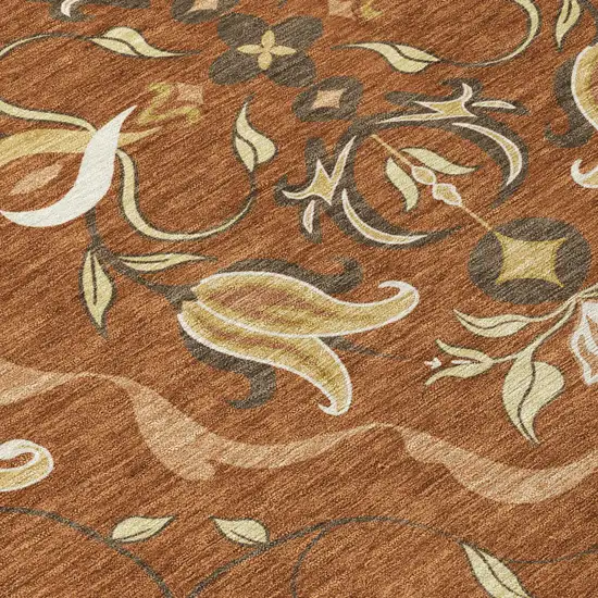 Orange And Brown Damask Washable Indoor Outdoor Area Rug Photo 5