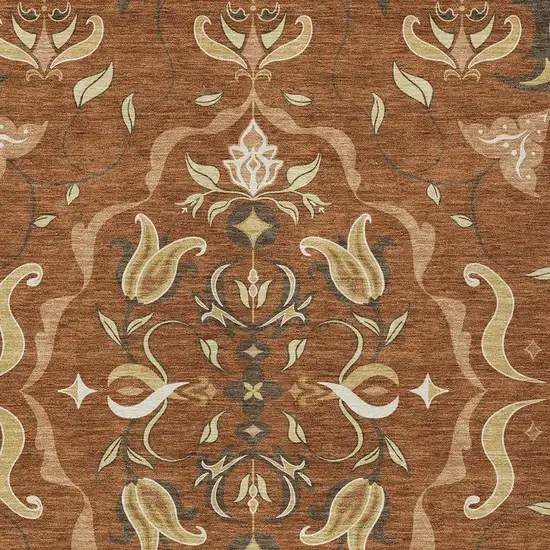 Orange And Brown Damask Washable Indoor Outdoor Area Rug Photo 2