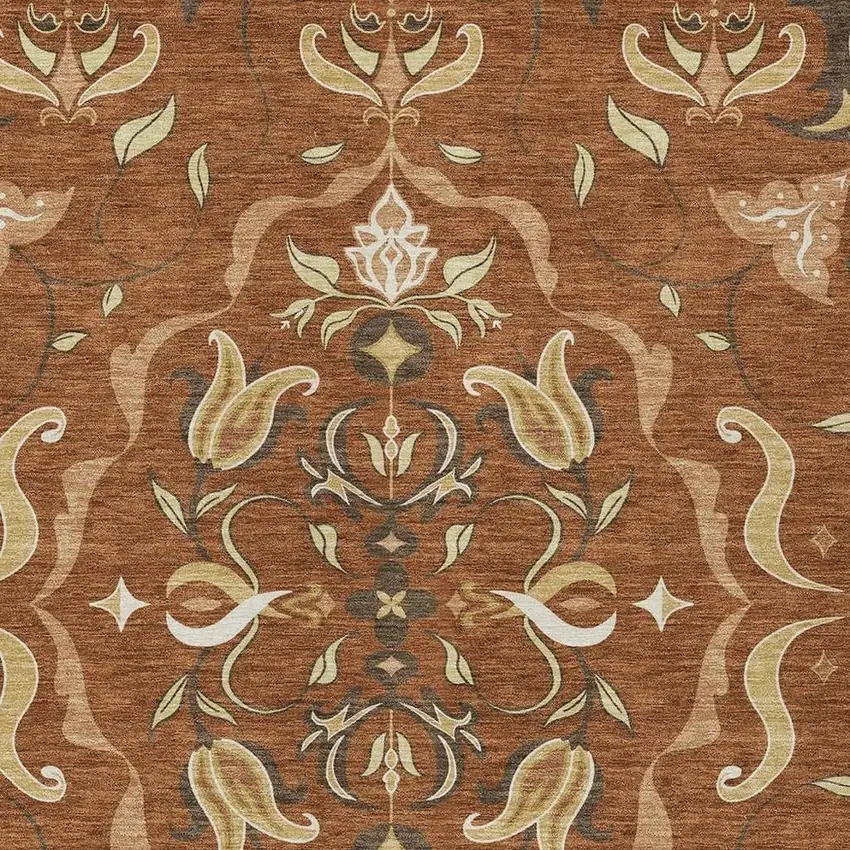 Orange And Brown Damask Washable Indoor Outdoor Area Rug Photo 2