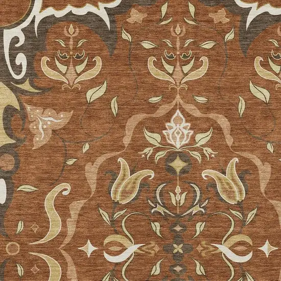 Orange And Brown Damask Washable Indoor Outdoor Area Rug Photo 2