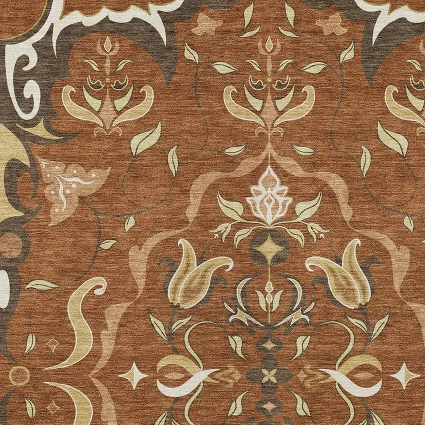 Orange And Brown Damask Washable Indoor Outdoor Area Rug Photo 2