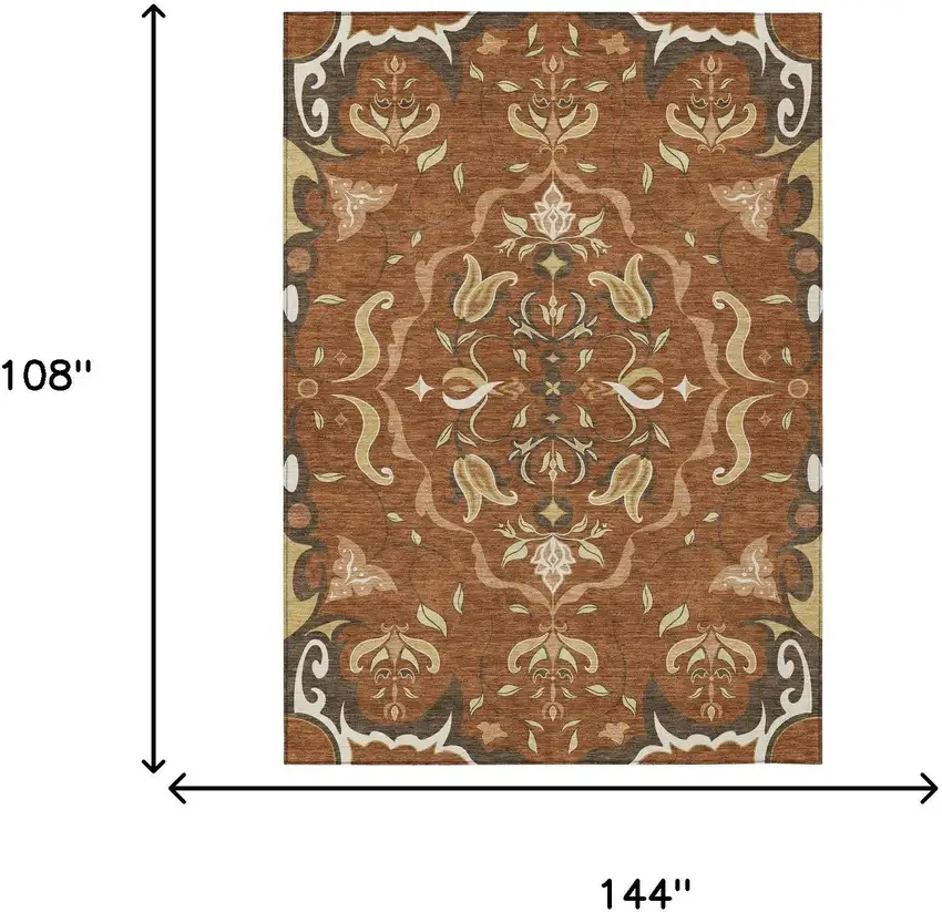 Orange And Brown Damask Washable Indoor Outdoor Area Rug Photo 6