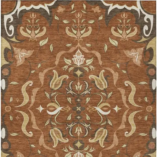Orange And Brown Damask Washable Indoor Outdoor Area Rug Photo 3