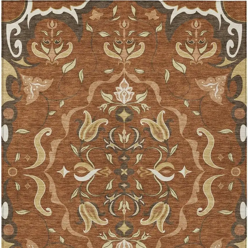 Orange And Brown Damask Washable Indoor Outdoor Area Rug Photo 3