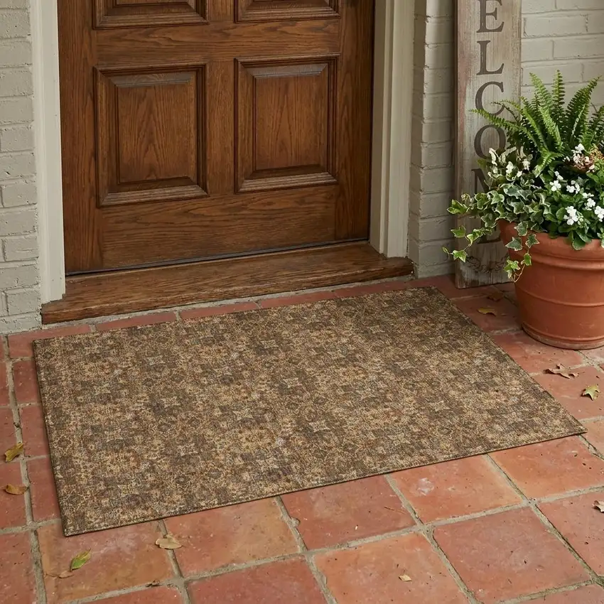 Orange And Brown Damask Washable Indoor Outdoor Area Rug Photo 1