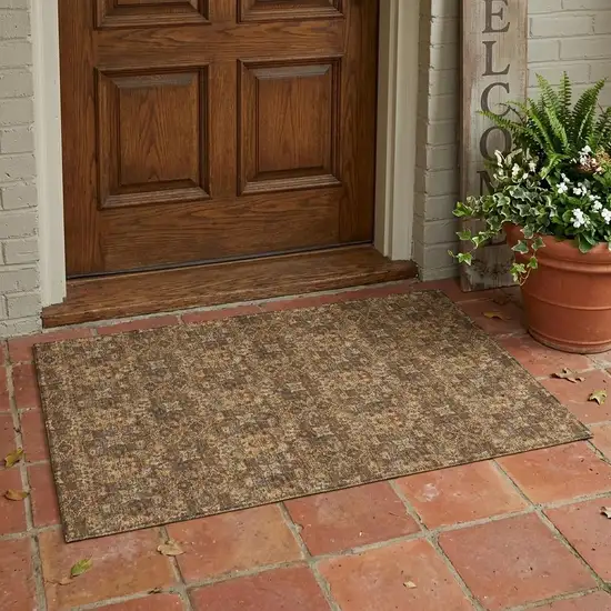 Orange And Brown Damask Washable Indoor Outdoor Area Rug Photo 1