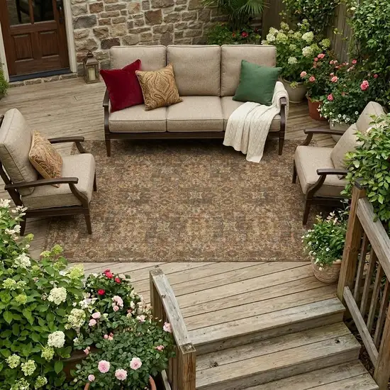 Orange And Brown Damask Washable Indoor Outdoor Area Rug Photo 1