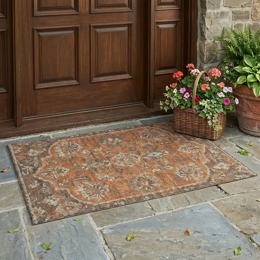 Orange And Brown Floral Medallion Washable Indoor Outdoor Area Rug Photo 1