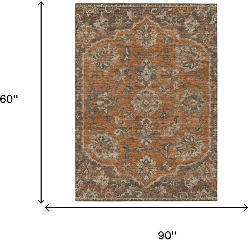 Orange And Brown Floral Medallion Washable Indoor Outdoor Area Rug Photo 5